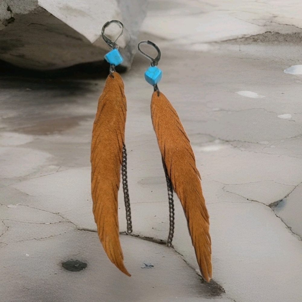 Pair of brown Tan Suede Leather Feather Earrings with a bohemian 5"